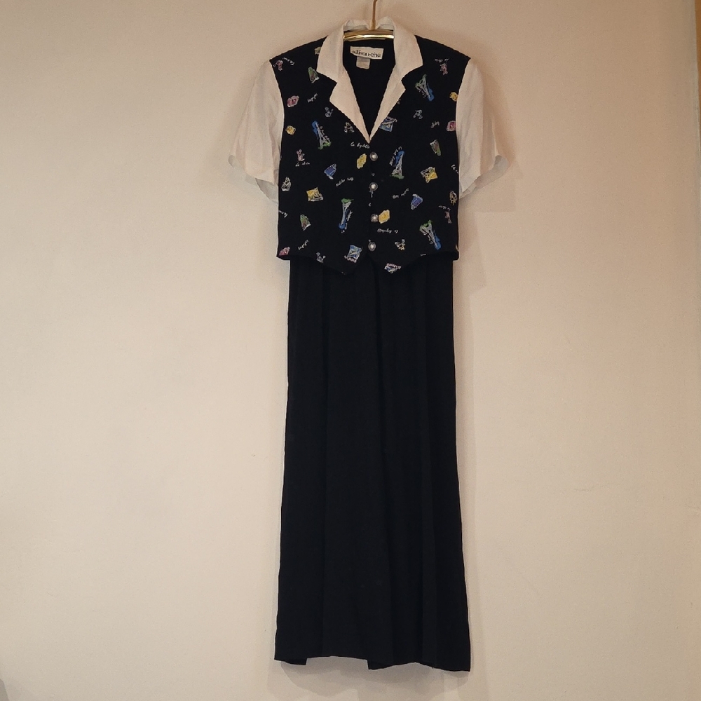 Allison Che Vintage 90s French Travel Novelty Print Vest Dress Sz 10P
